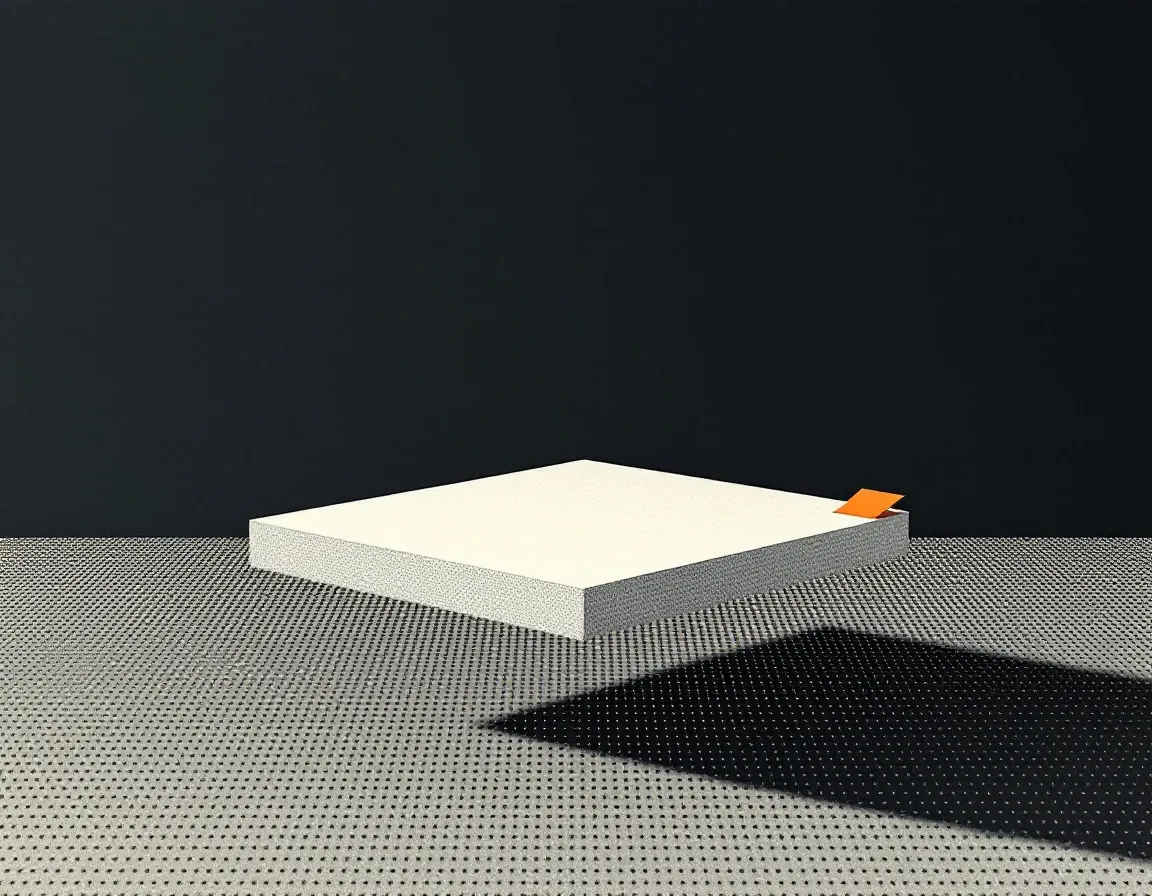 Abstract illustration: a single bold paper sheet floats above a calm field of halftone dots.