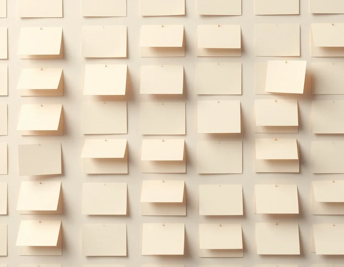 Abstract illustration: a wall of archive cards in a grid, some marked with orange tabs.
