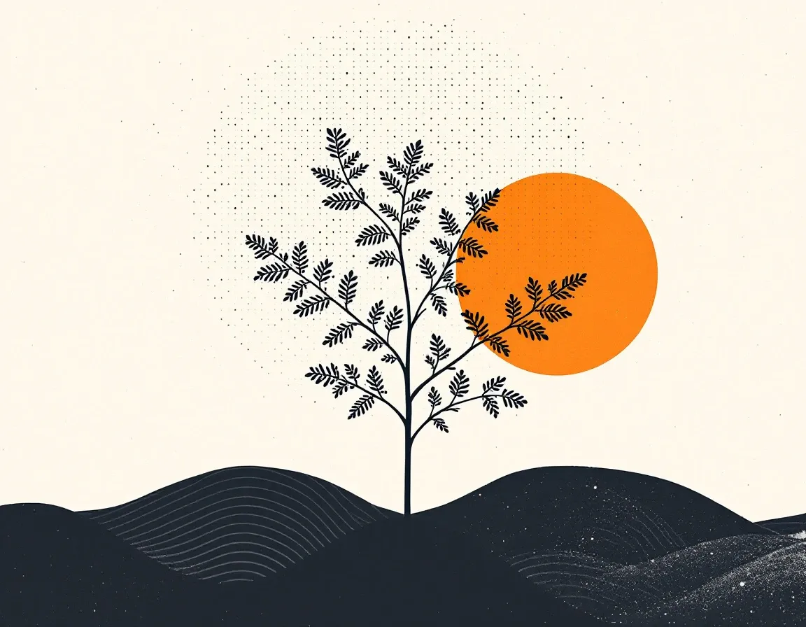 Abstract illustration: lines grow from a small origin point and develop into an ordered lattice.